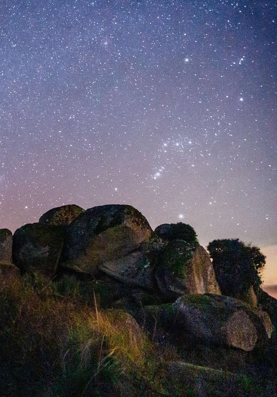 Paisaje nocturno en la Serra da Estrela con cielo estrellado, silueta de un árbol y rocas