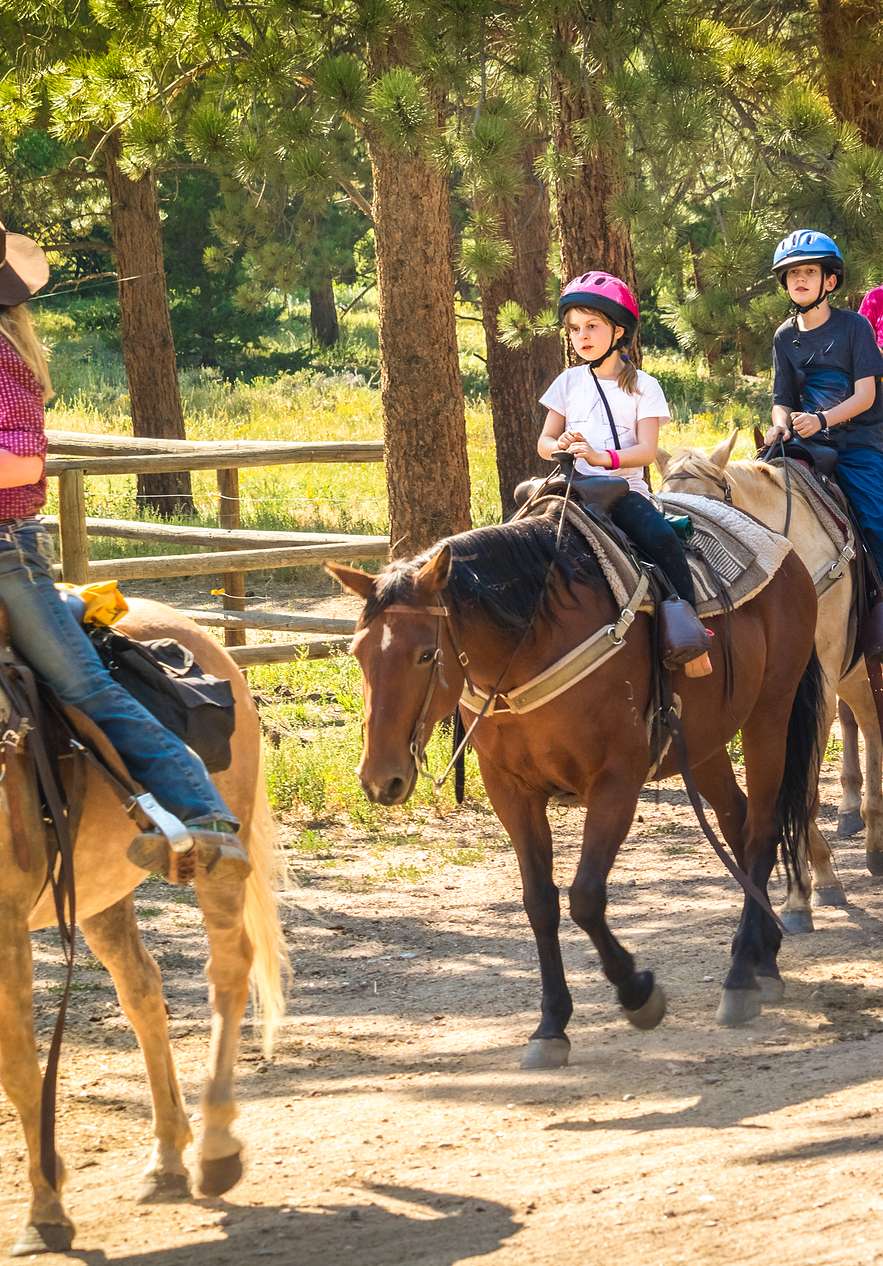 Família de quatro pessoas a fazer um passeio de cavalo com uma instrutora no Parque Nacional Peneda-Gerês