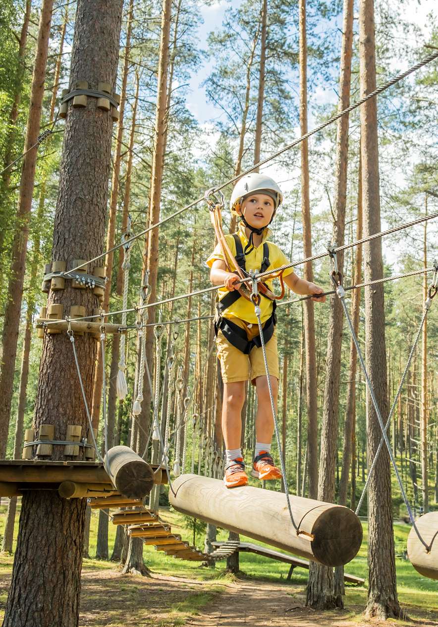 Criança vestida de amarelo a fazer arborismo no campo aventura do Parque Nacional Peneda-Gerês