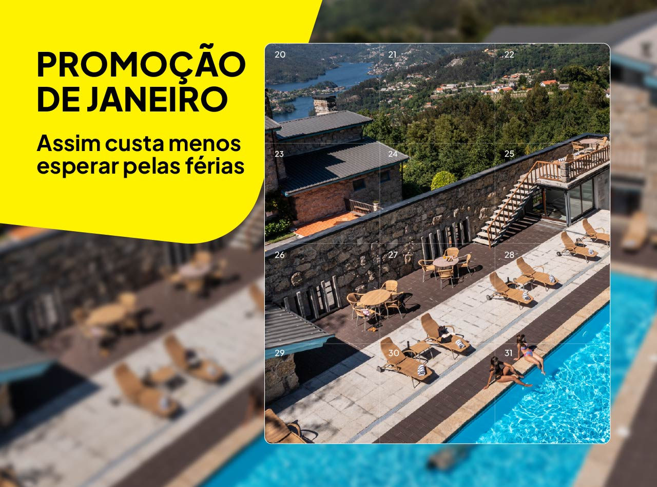 Banner da promoção de janeiro com piscina ao ar livre, espreguiçadeiras e vista elevada para área arborizada
