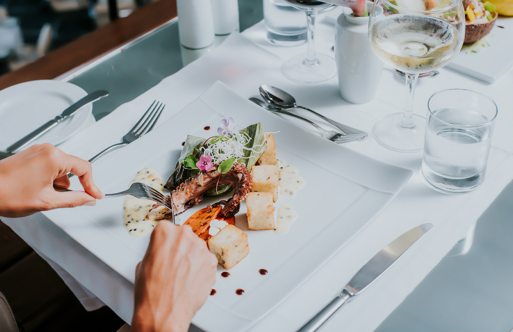 Weißer Teller mit Oktopus und gebratenem Mais, während einer Mahlzeit in einem Hotel der Pestana Hotels and Resorts
