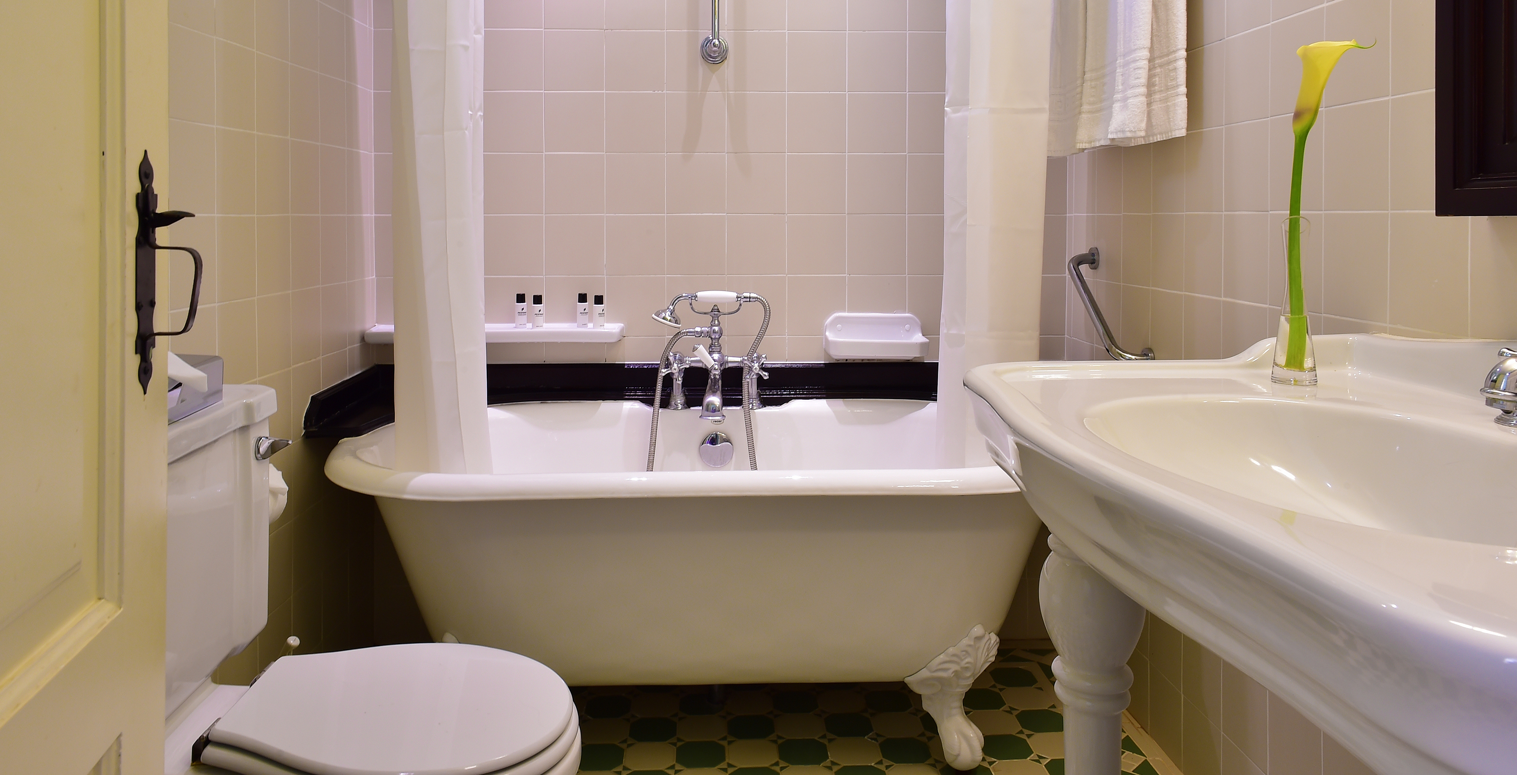 The Special Suite of The Pousada Convento Évora has a bathroom with a sink and a bathtub with a curtain