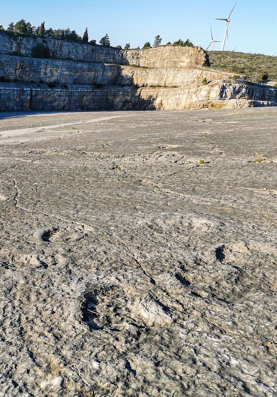 Dinosaur footprints across a rocky plateau near Pousada Ourém - Fátima, Hotel de Charme em Ourém at sunset