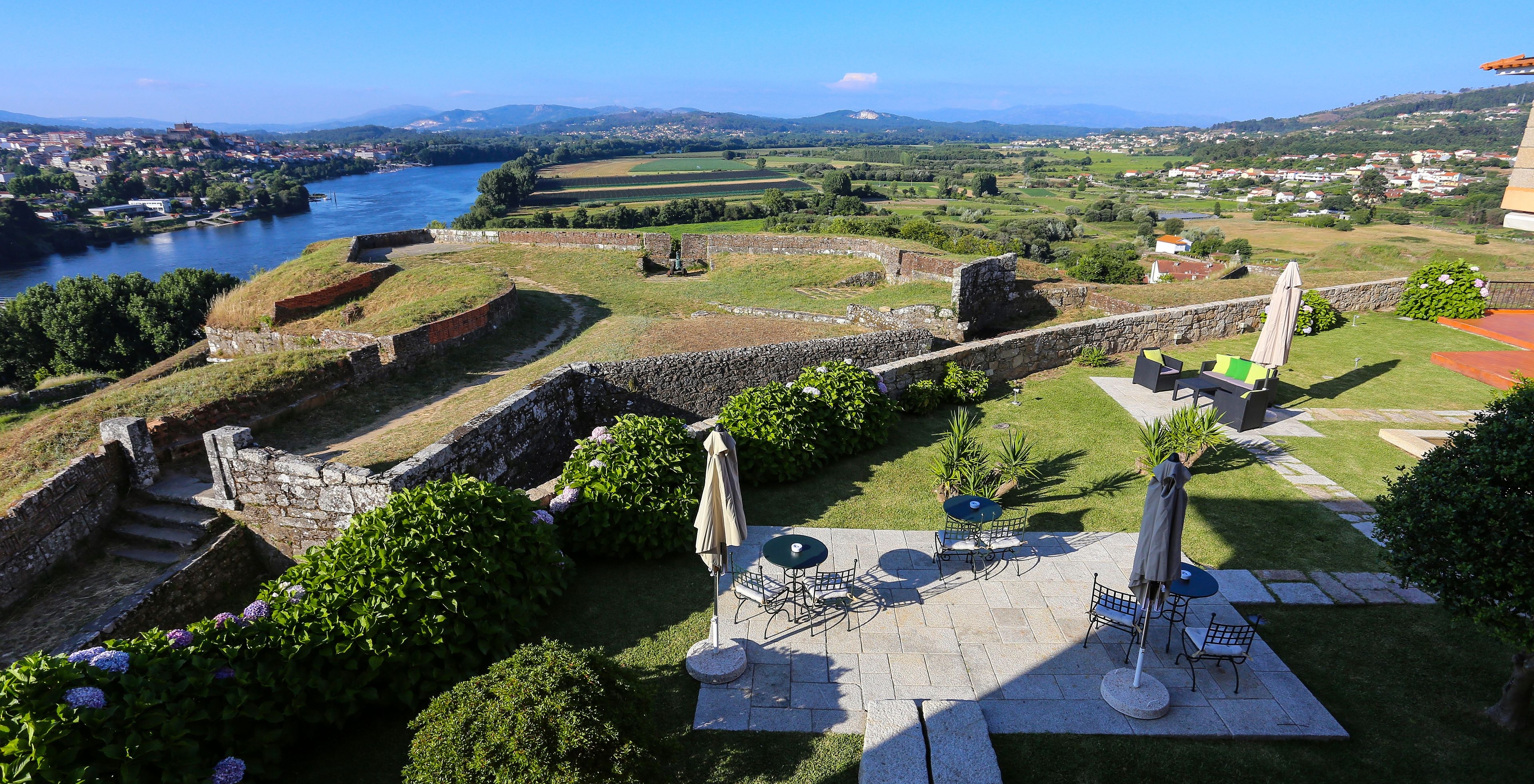 Aerial view of Pousada Valença gardens, a Charming Hotel by the river with terrace