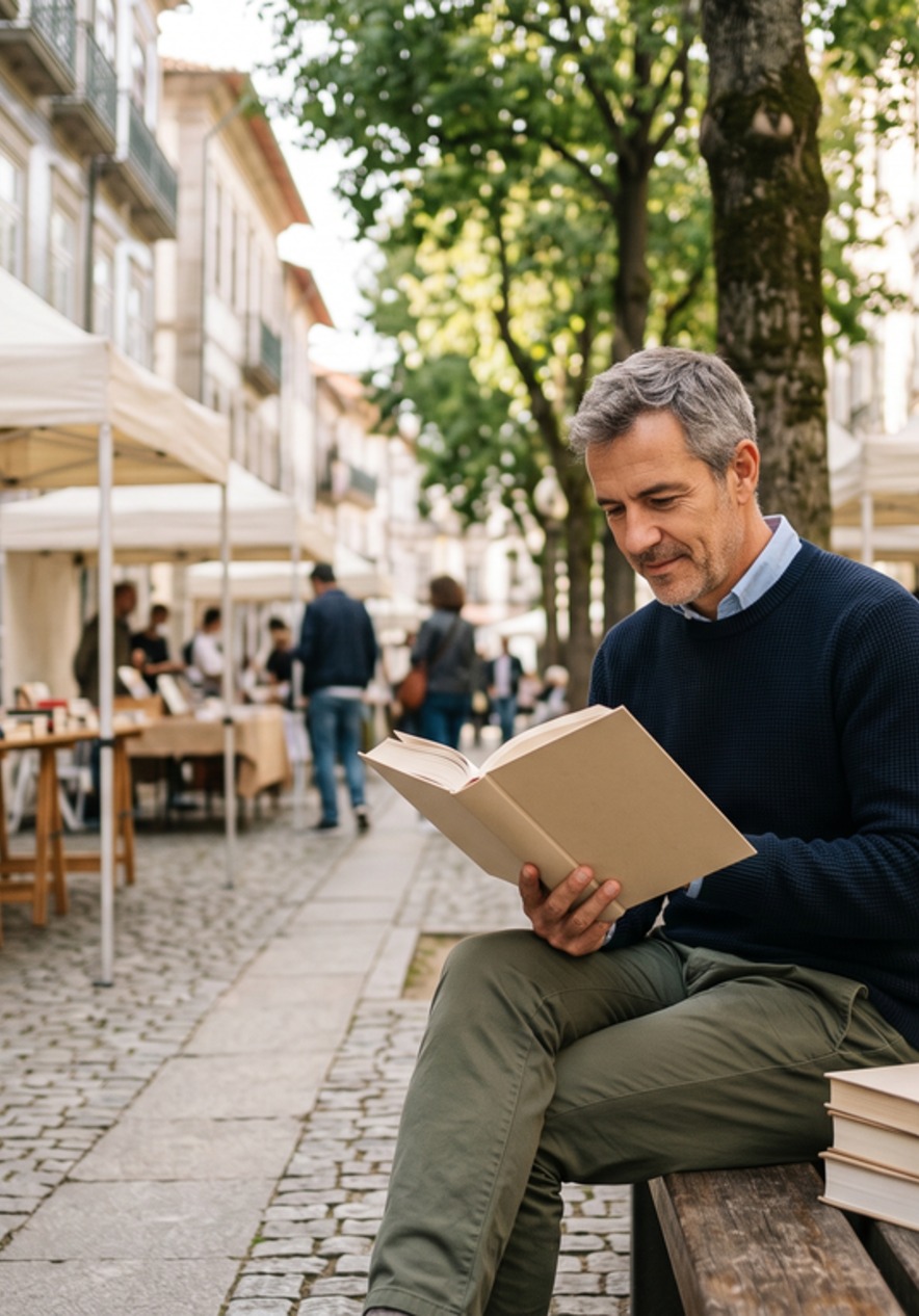 Visitors browse books at an outdoor fair along a tree lined cobblestone street shaded by trees in Porto