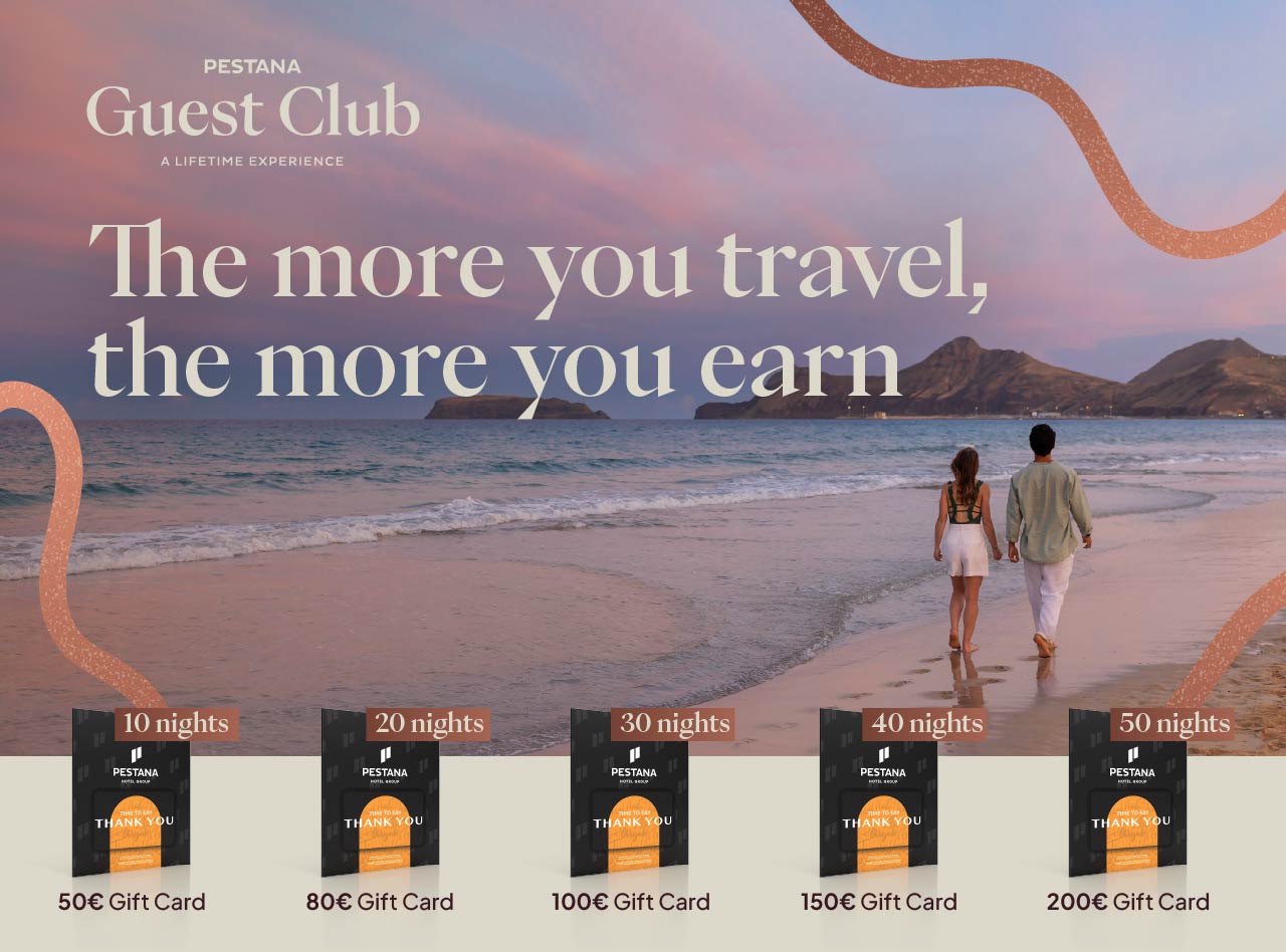 Couple walking along a beach at sunset beside reward gift cards and Pestana Guest Club travel promotion