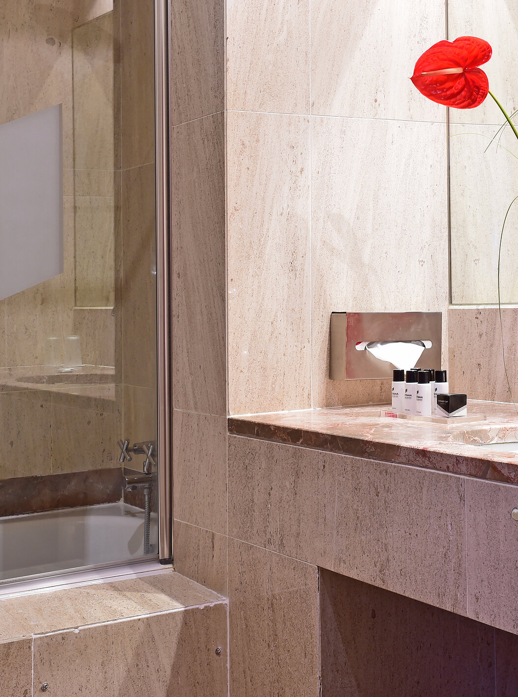 Le Large Family de la Pousada Castelo Alcácer do Sal a une salle de bain avec amenities, lavabo et un vase rouge