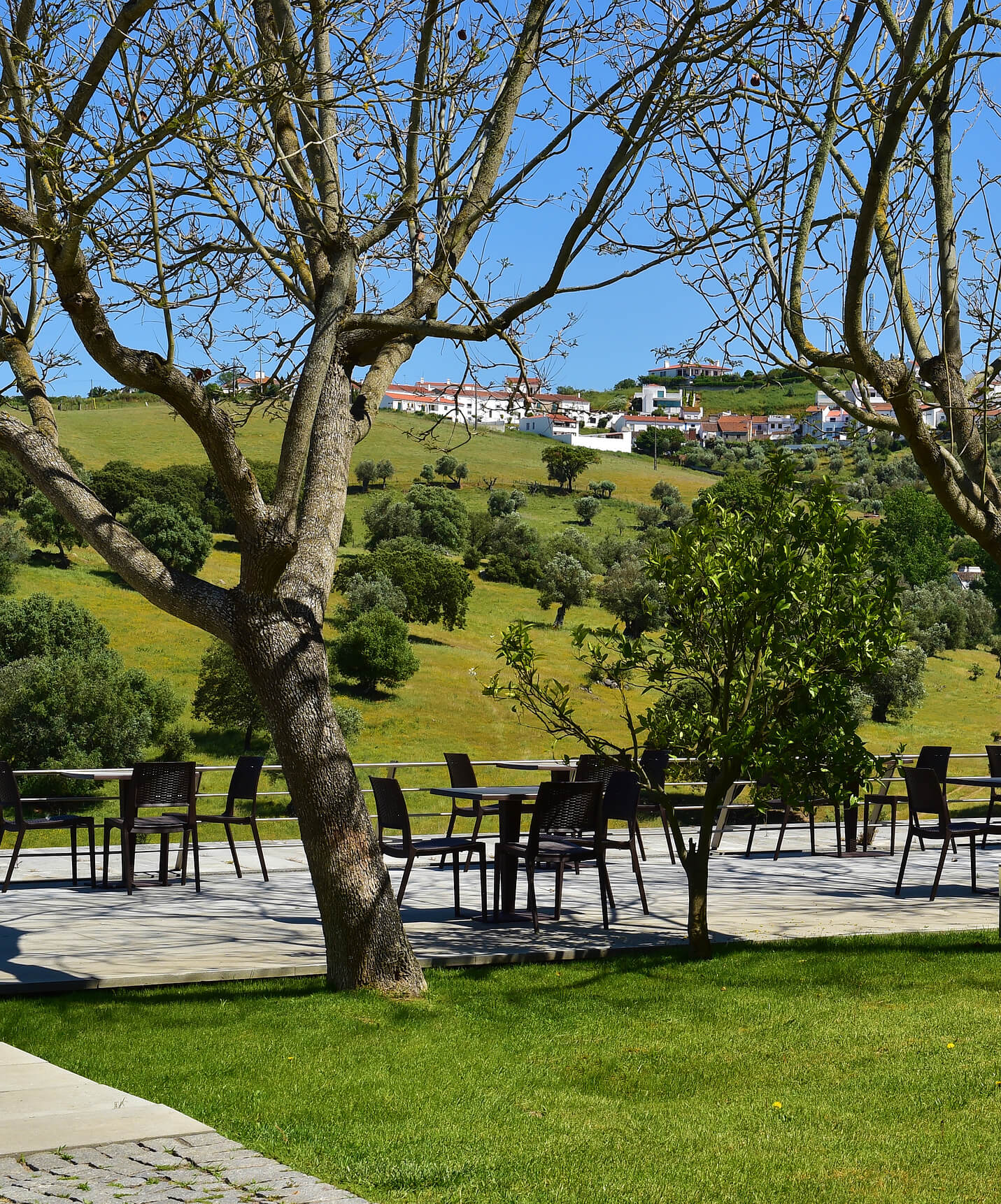 Garten mit Außentischen an einem sonnigen Tag, in der Pousada Convento Arraiolos, Hotel in Arraiolos, Alentejo