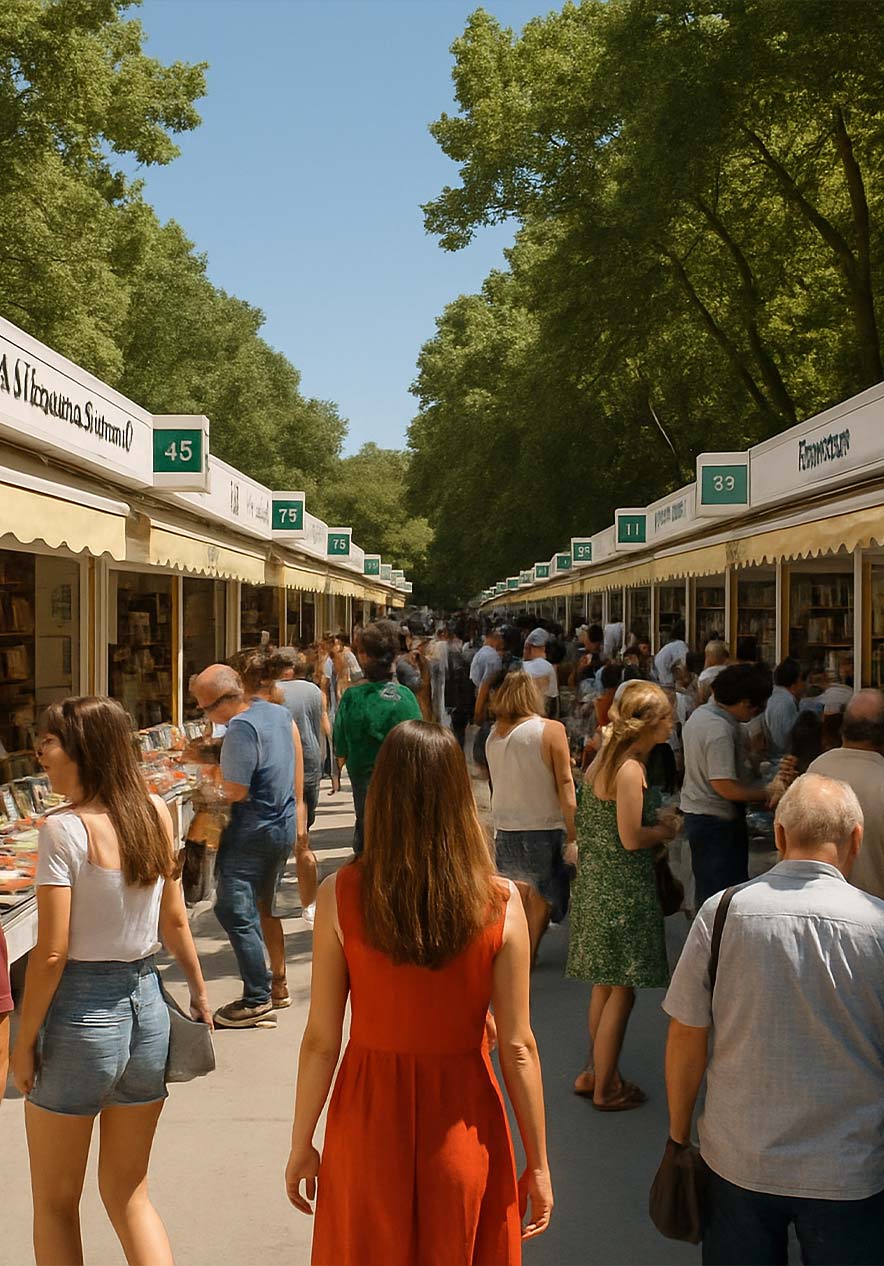 Feira do livro em Lisboa com visitantes a percorrer corredores entre bancas rodeadas por árvores altas