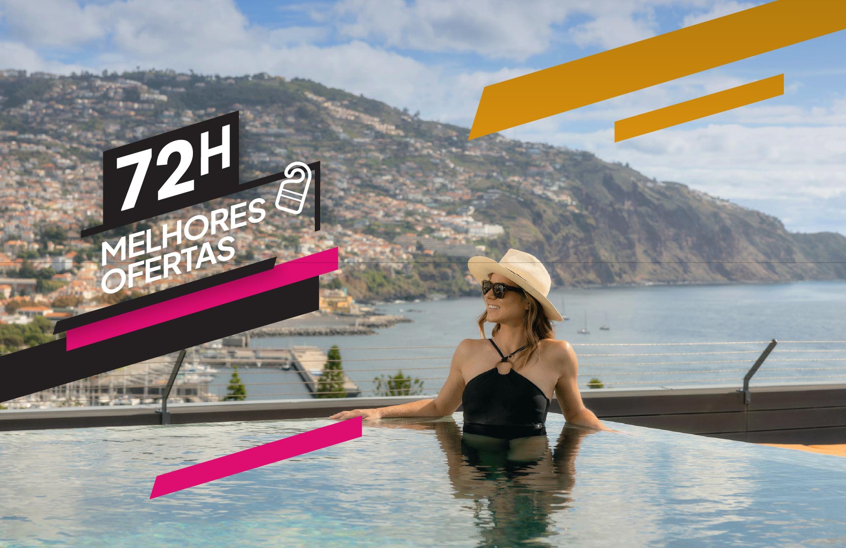 Mulher de chapéu relaxa numa piscina infinita com vista para montanhas e cidade costeira ao fundo