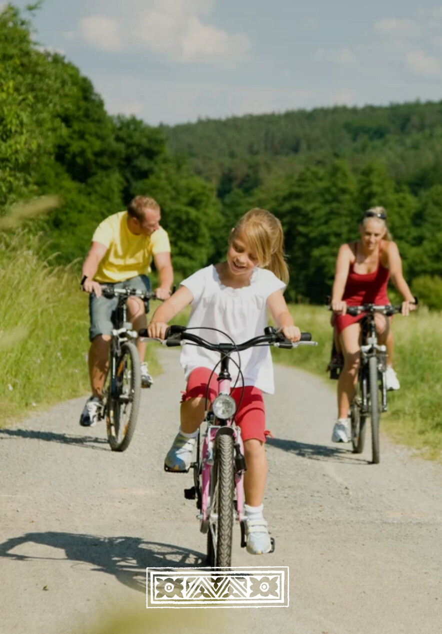 Família a andar de bicicleta por um caminho rural rodeado de árvores e campos verdes num dia soalheiro