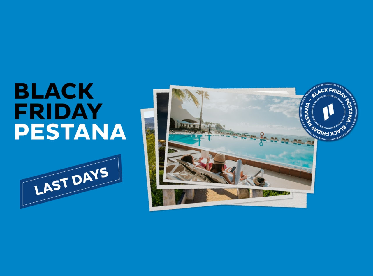 Blauer Hintergrund Bild mit Fotos über die anderen mit einer Dame am Pool, eine Briefmarke und Black Friday Förderung