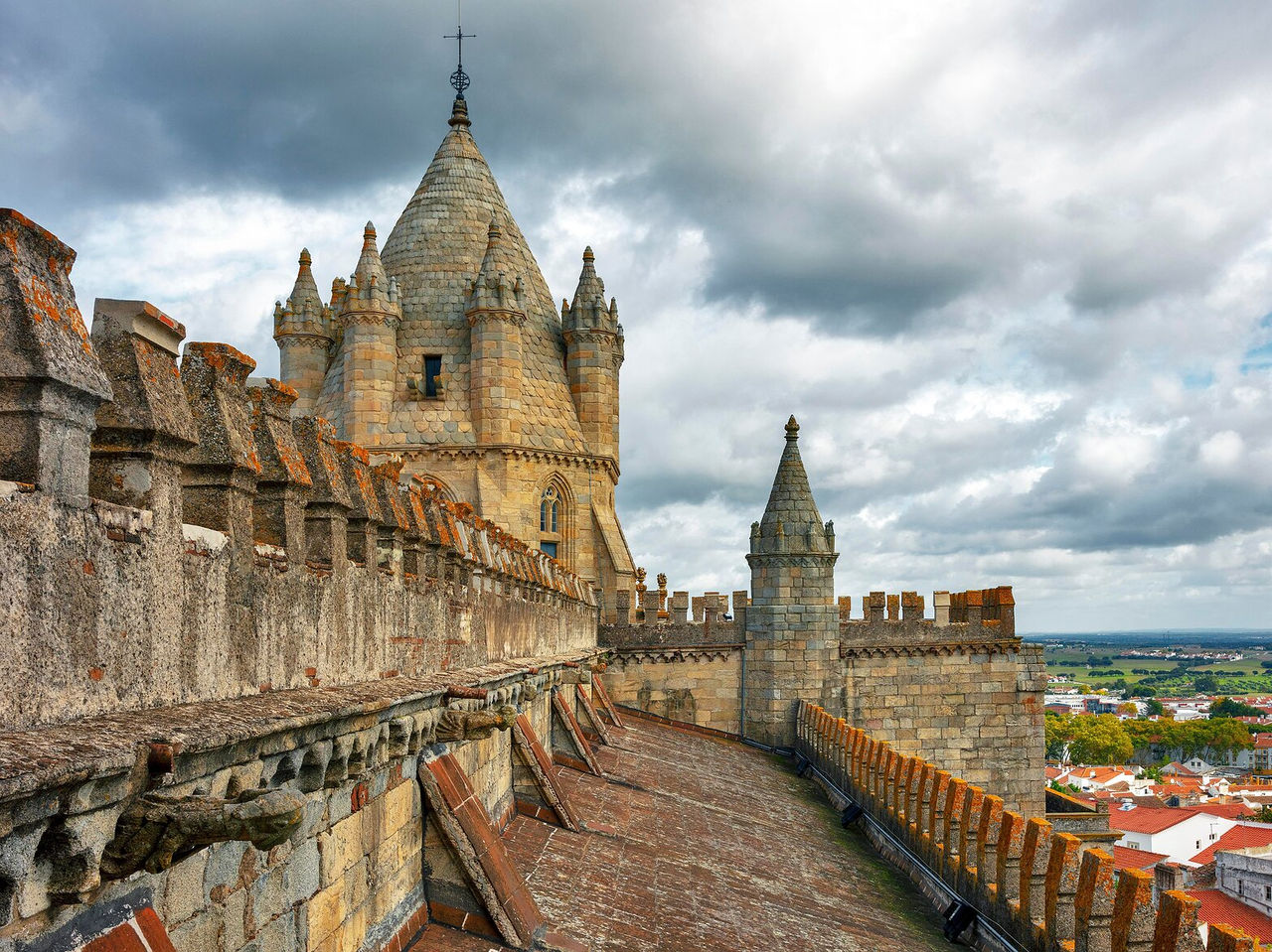 Panoramic view from the roof of the Sé of Évora in Alentejo, with Gothic architecture towers and a view of the city