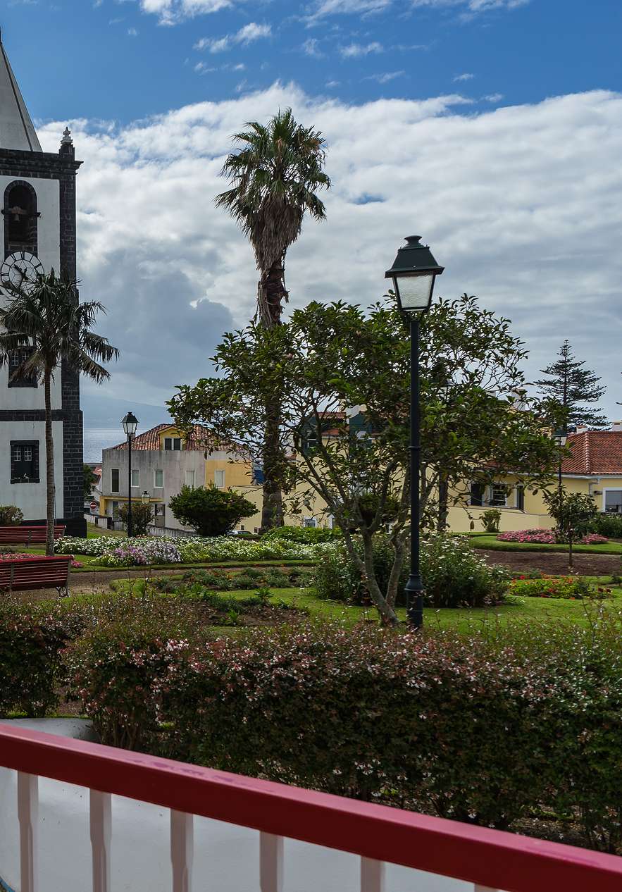 Panoramic view of a square with a clock in a white and black tower surrounded by gardens palm trees and colorful buildings