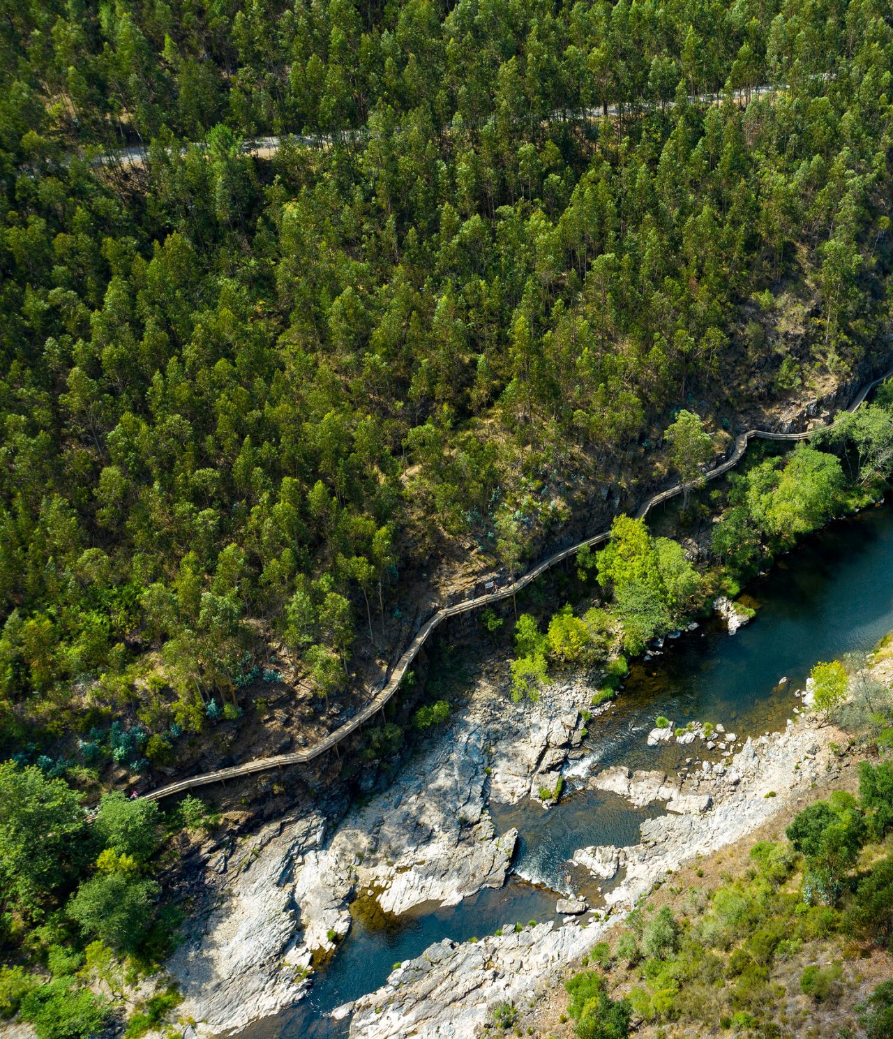 Explore Hotels in Central Portugal with an aerial view of a forest trail winding beside a rocky blue river