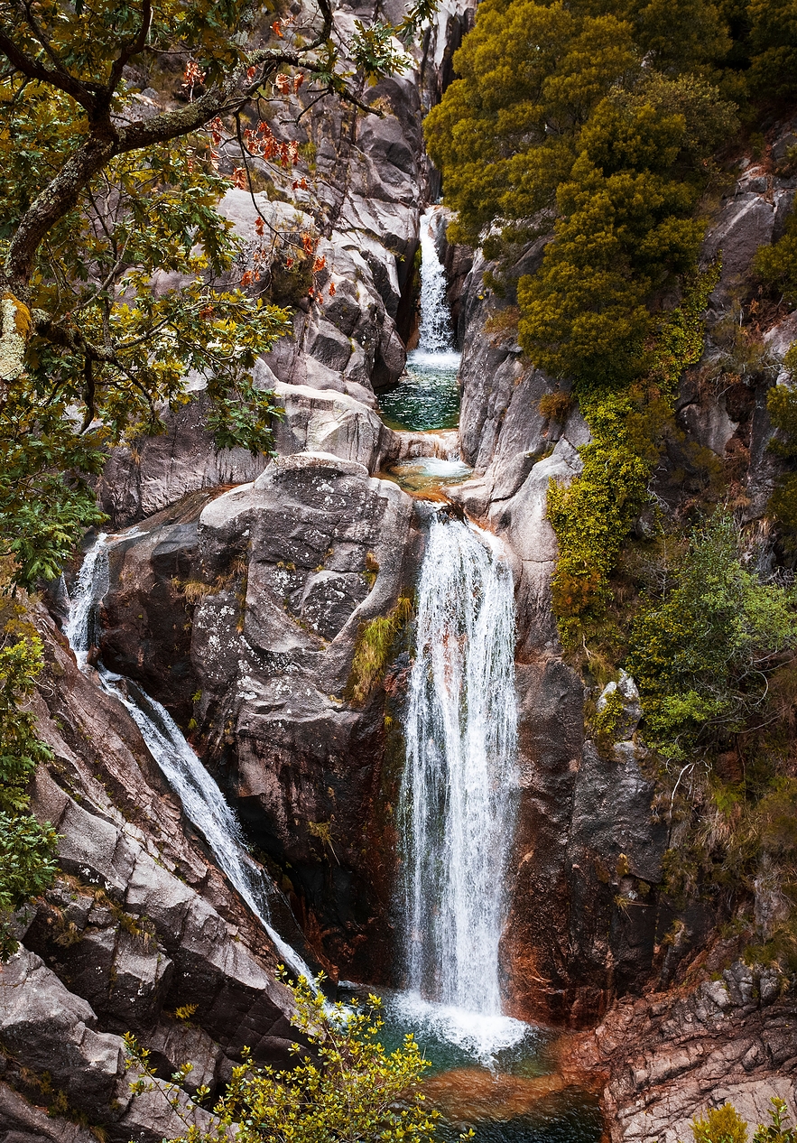 Water falling from a rocky waterfall surrounded by vegetation and tree branches in Peneda-Gerês