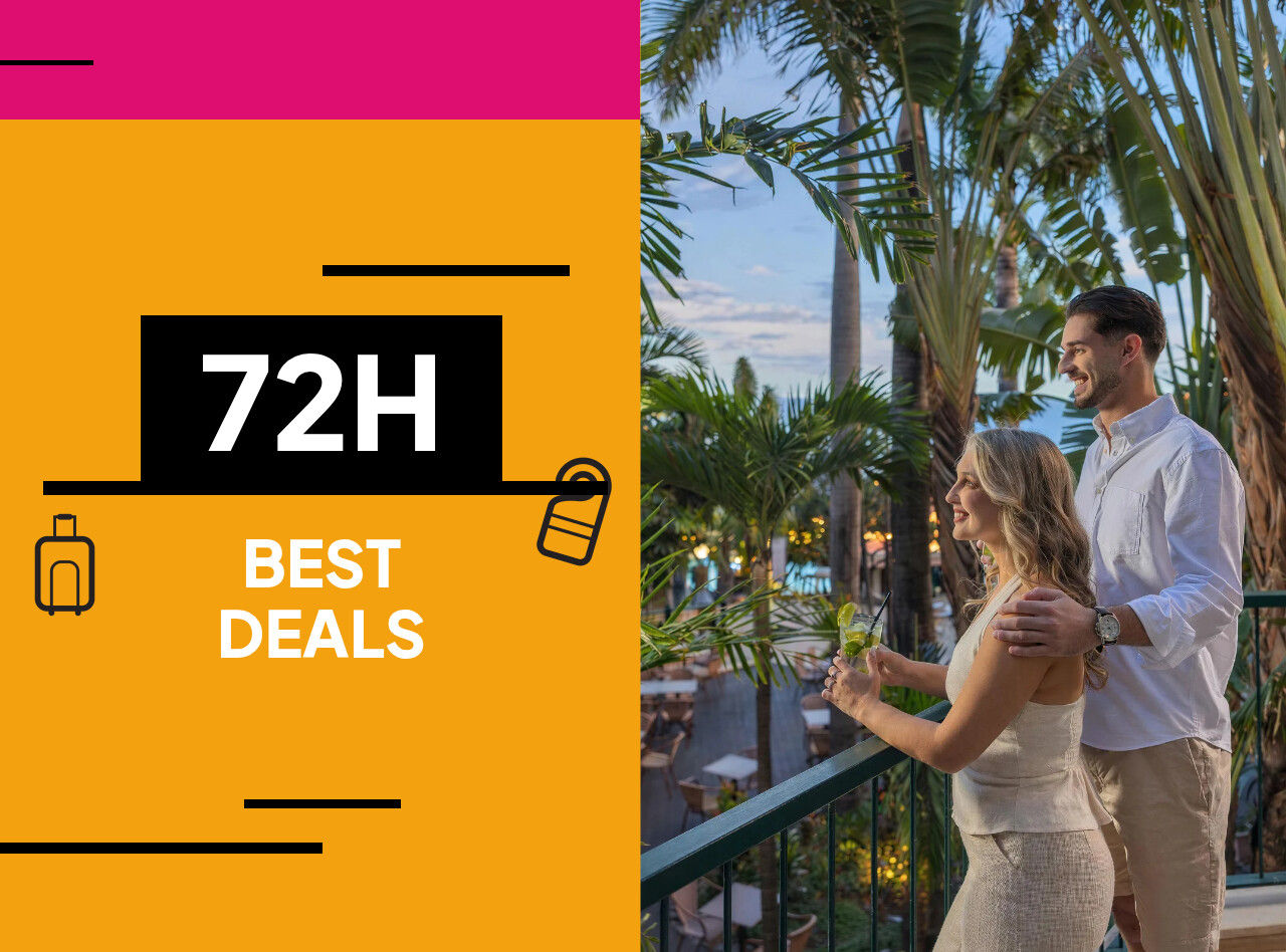 Couple holding drinks on a tropical balcony beside palm trees next to a colorful 72 hour best deals graphic