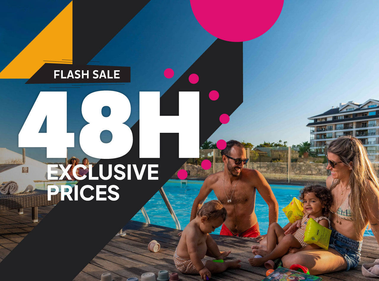 Family relaxing beside a hotel pool with large Flash Sale 48H Exclusive Prices graphic over blue background