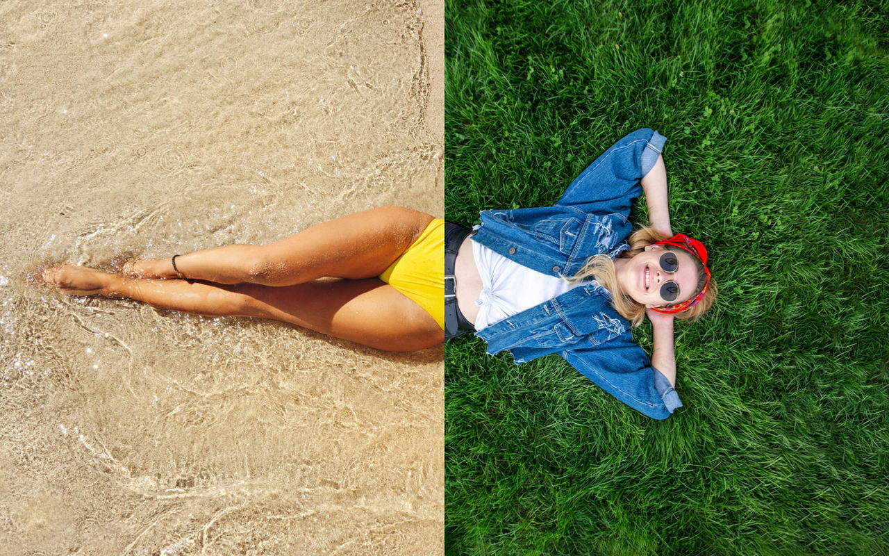 Split montage of leg lying on wet sand on the left and smiling woman lying on green grass on the right