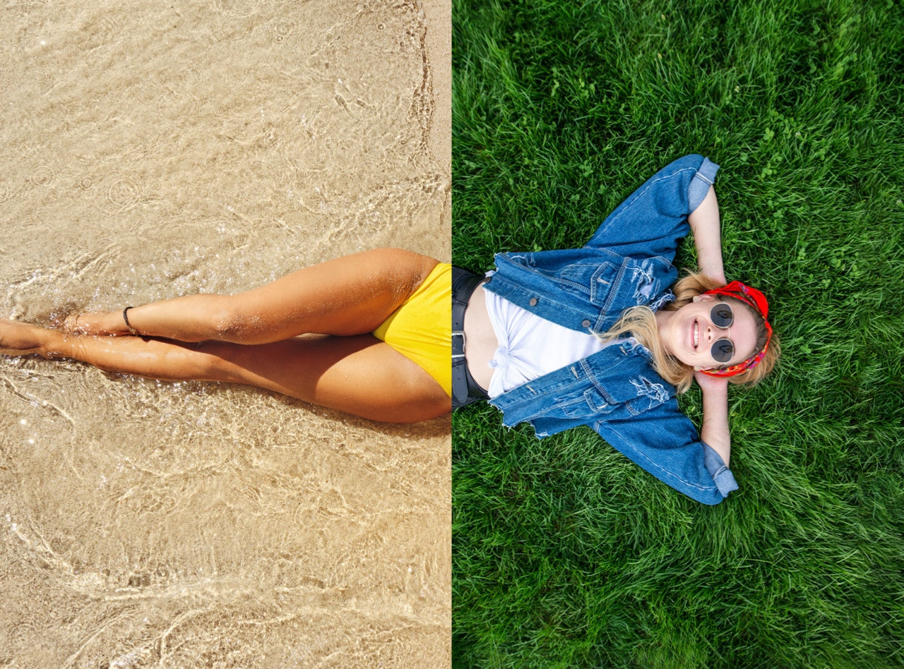 Split montage of leg lying on wet sand on the left and smiling woman lying on green grass on the right