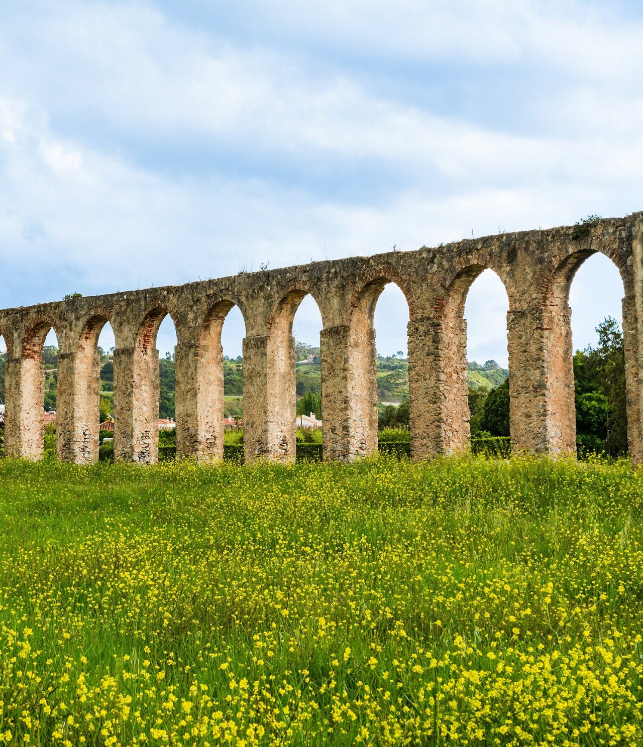 Imposant aqueduc en pierre avec de hautes arches contrastant avec un champ fleuri jaune