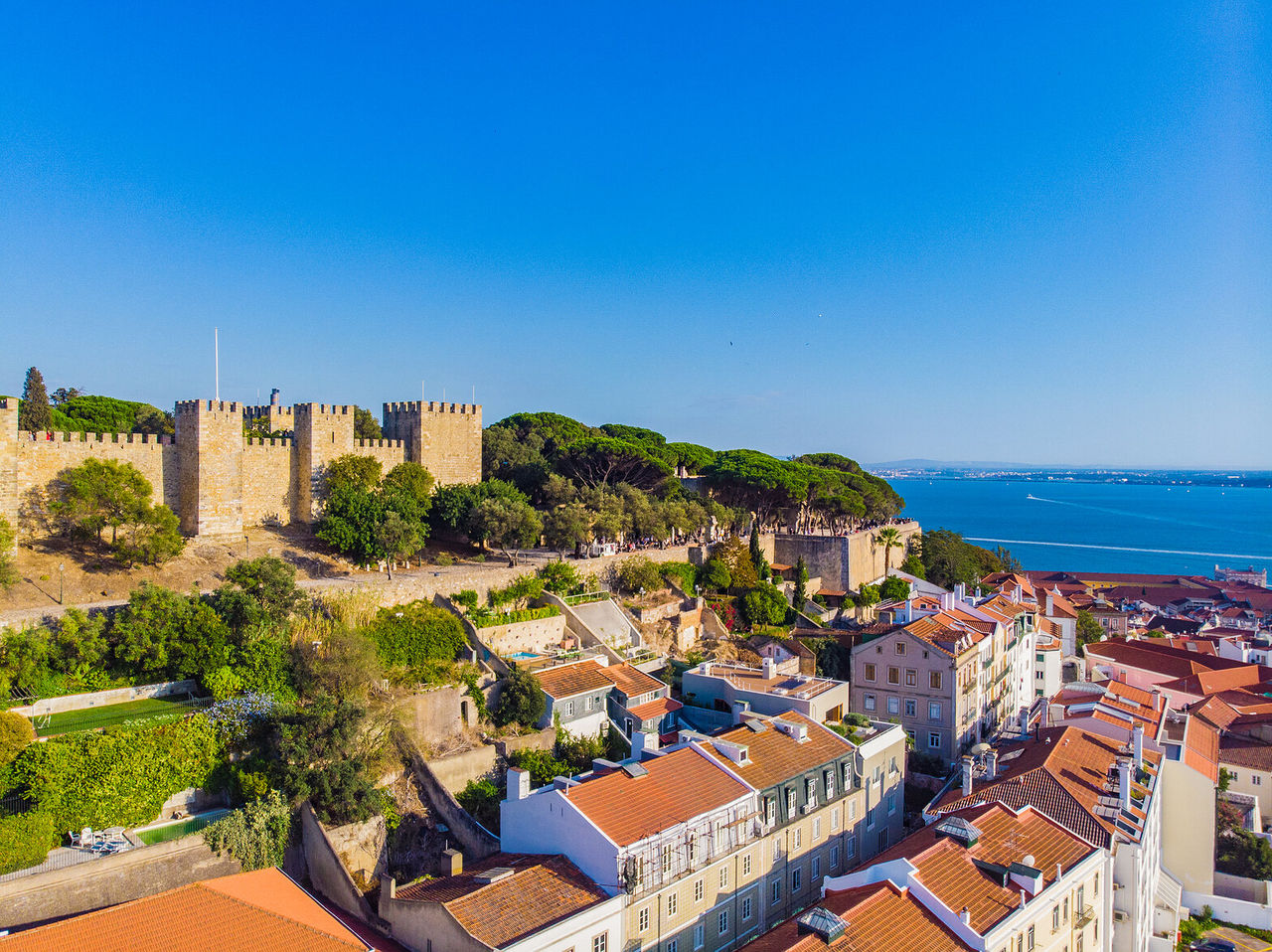 Explore Hotéis em Lisboa com vista para o Castelo de São Jorge, telhados históricos e o rio Tejo ao fundo