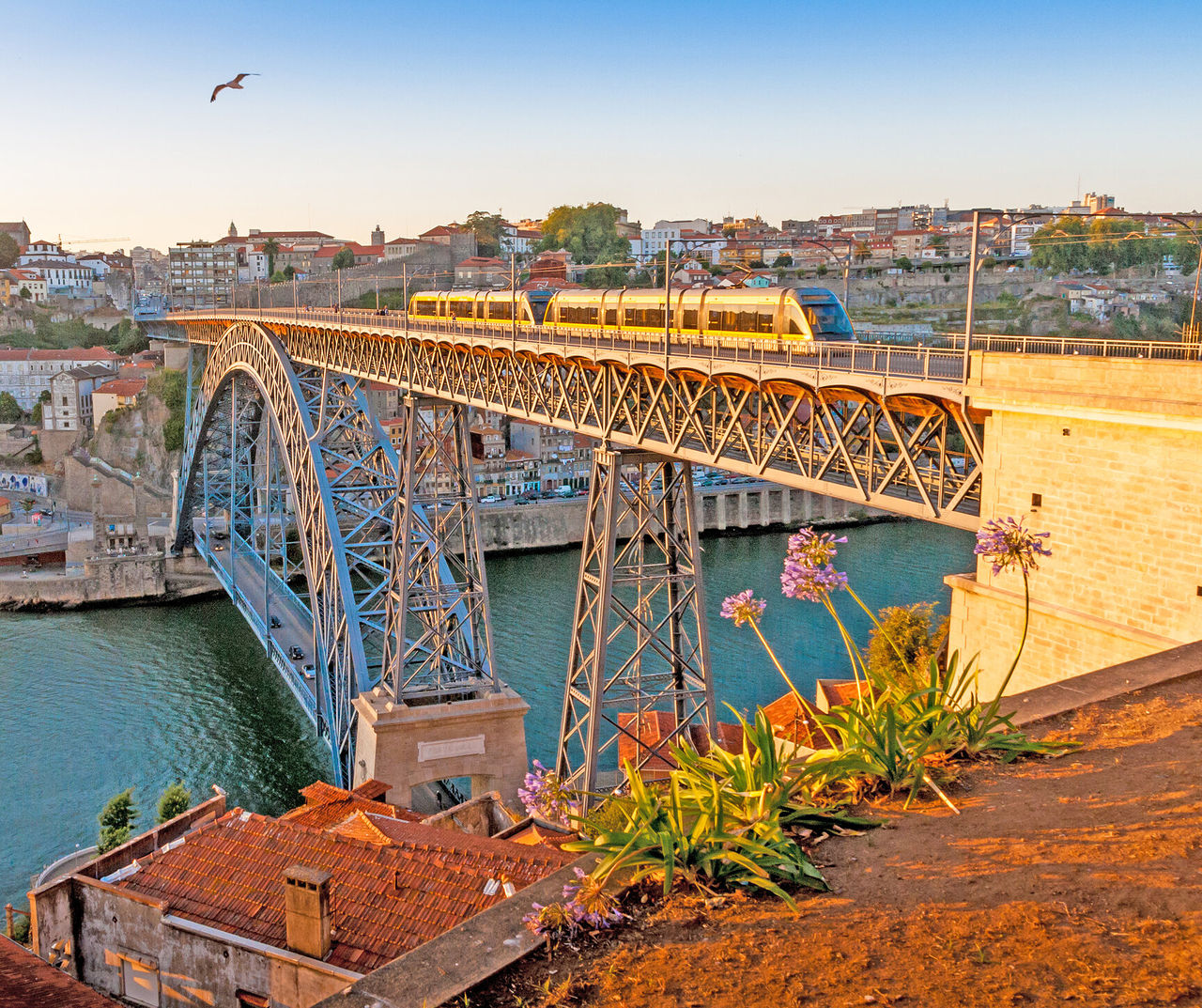 porto hotel com vista sobre a ponte Dom Luís I ao pôr do sol, comboio a cruzar o rio Douro e casas históricas