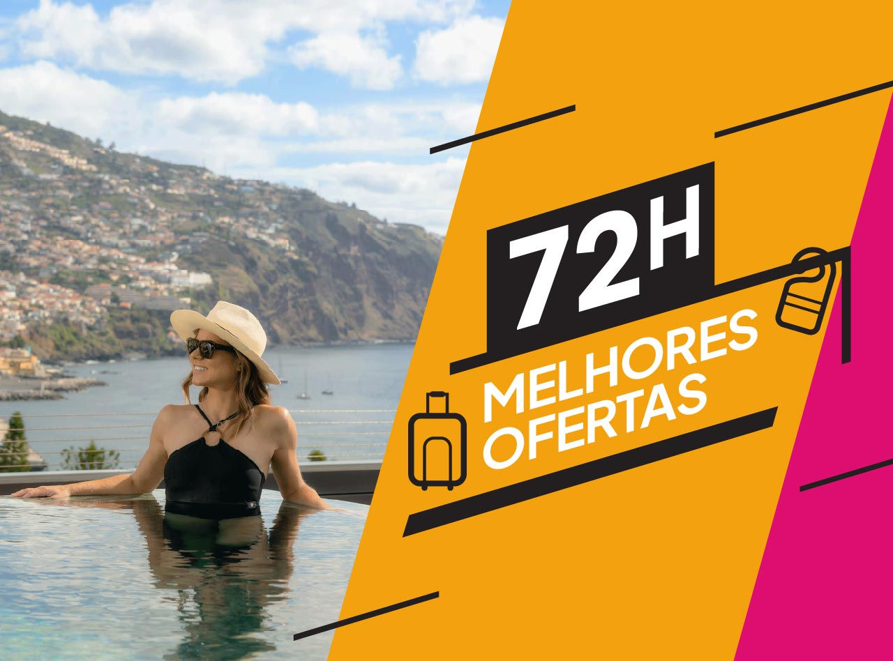 Mulher de chapéu relaxando numa piscina com vista para montanhas e mar, ao lado de gráfico de oferta 72 horas